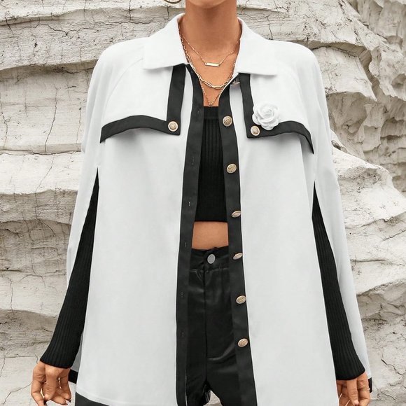 White Preppy Womens Contrast Trim Cloak Sleeve Cape Coat - Picture 3 of 5